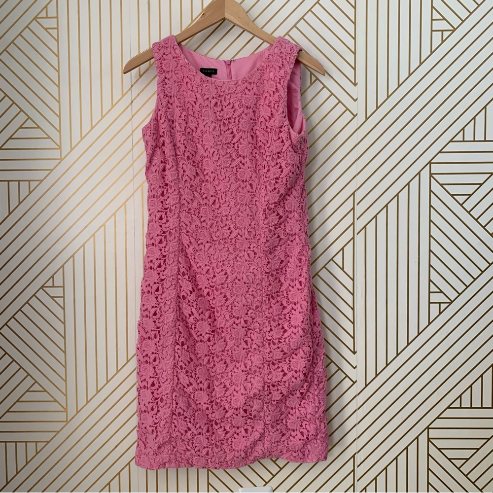 Talbots Bubblegum Pink Sleeveless 100% Cotton crochet Lace Overlay Sheath Dress